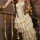 Ornate Strapless Yellow Prom Dress Applioques Tiered A-Line Evening Dress C8552