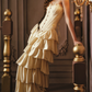 Ornate Strapless Yellow Prom Dress Applioques Tiered A-Line Evening Dress C8552