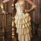 Ornate Strapless Yellow Prom Dress Applioques Tiered A-Line Evening Dress C8552