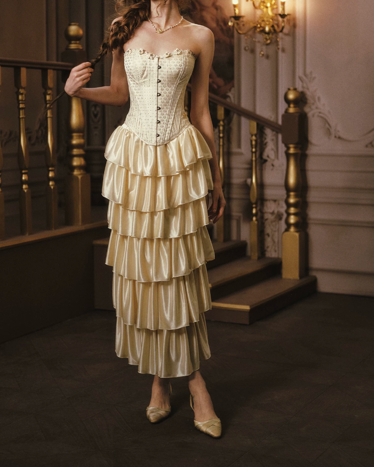 Ornate Strapless Yellow Prom Dress Applioques Tiered A-Line Evening Dress C8552