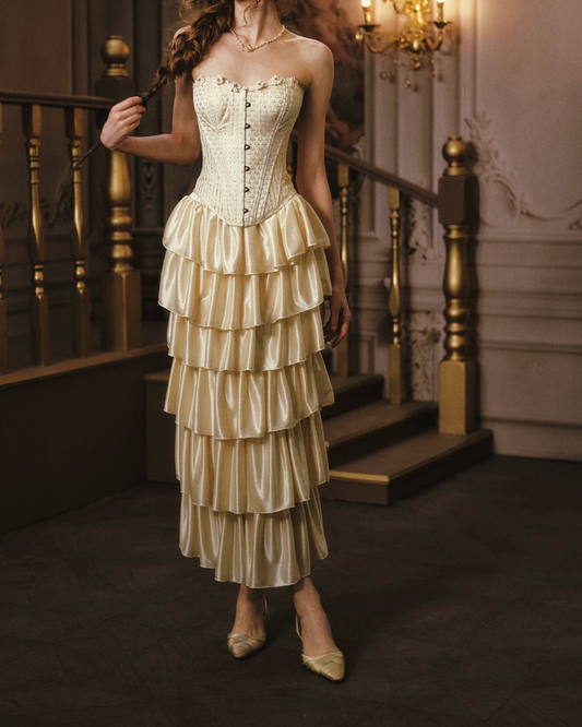 Ornate Strapless Yellow Prom Dress Applioques Tiered A-Line Evening Dress C8552