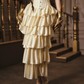 Ornate Strapless Yellow Prom Dress Applioques Tiered A-Line Evening Dress C8552