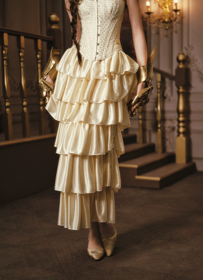 Ornate Strapless Yellow Prom Dress Applioques Tiered A-Line Evening Dress C8552