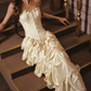 Ornate Strapless Yellow Prom Dress Applioques Tiered A-Line Evening Dress C8552