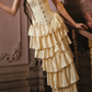 Ornate Strapless Yellow Prom Dress Applioques Tiered A-Line Evening Dress C8552