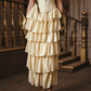 Ornate Strapless Yellow Prom Dress Applioques Tiered A-Line Evening Dress C8552