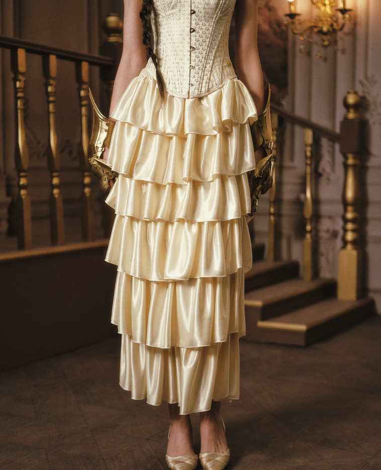 Ornate Strapless Yellow Prom Dress Applioques Tiered A-Line Evening Dress C8552