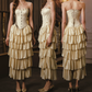 Ornate Strapless Yellow Prom Dress Applioques Tiered A-Line Evening Dress C8552