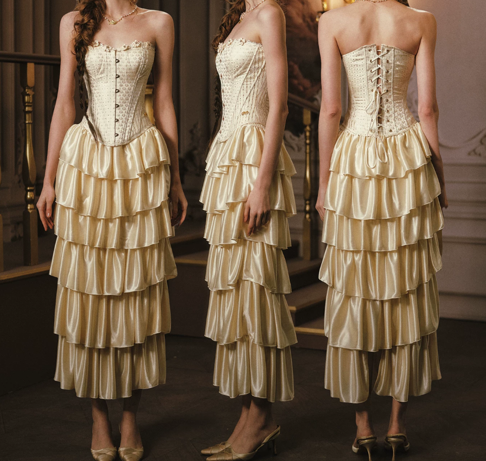 Ornate Strapless Yellow Prom Dress Applioques Tiered A-Line Evening Dress C8552