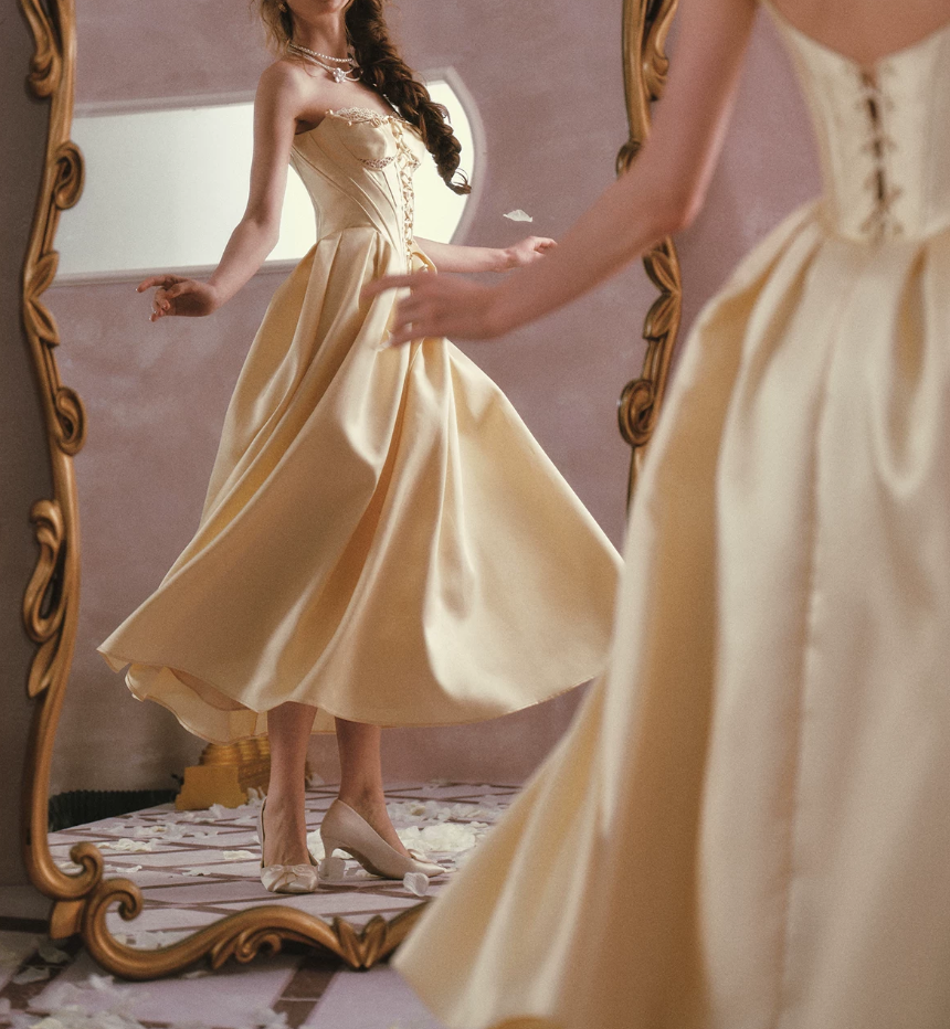 Robe de bal de princesse bustier à volants en satin long, robe de soirée C8117