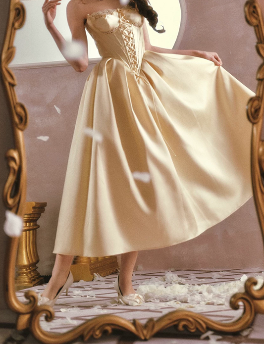 Elegant Strapless Yellow Prom Dress Lace-Up Satin A-Line Evening Dress C8553