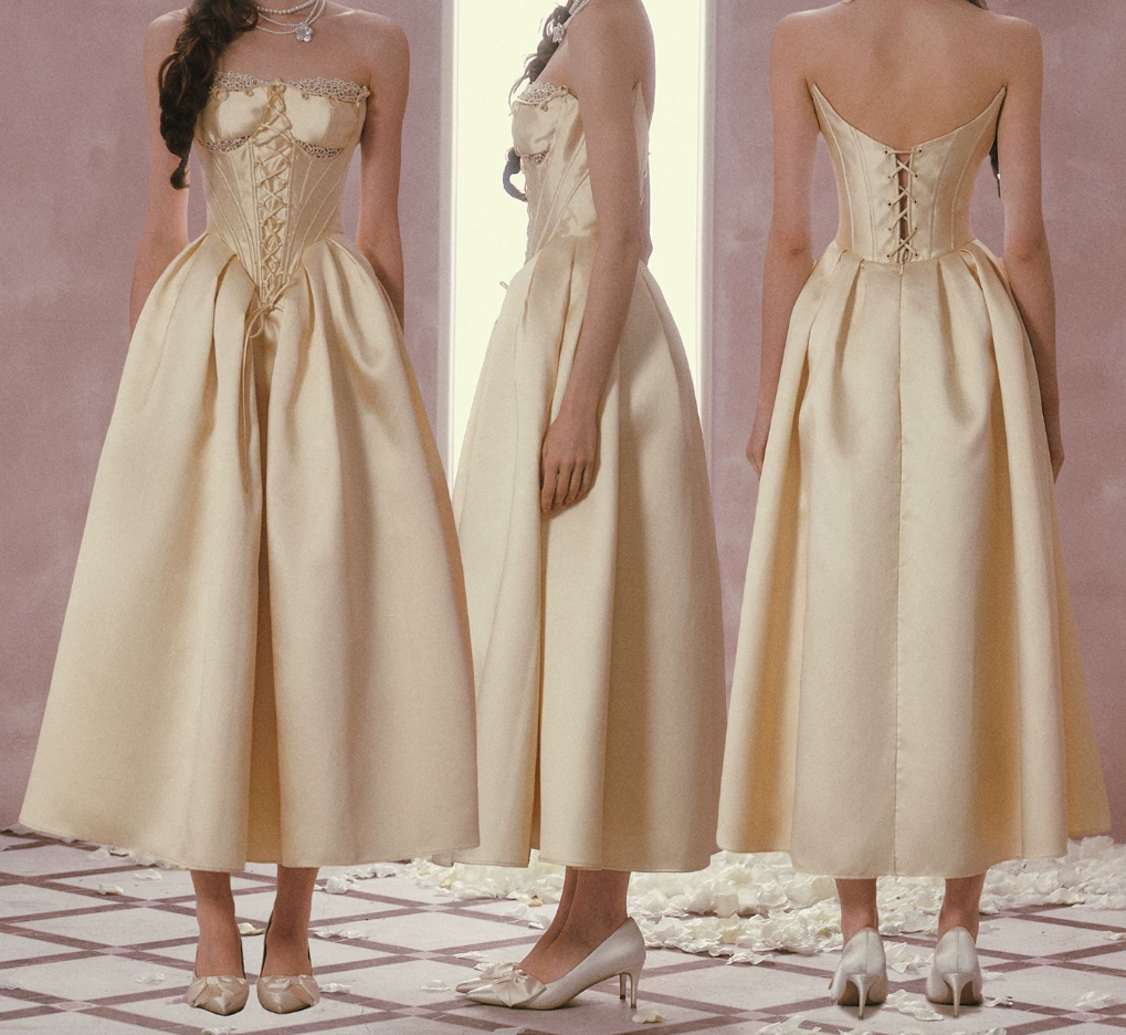 Robe de bal de princesse bustier à volants en satin long, robe de soirée C8117