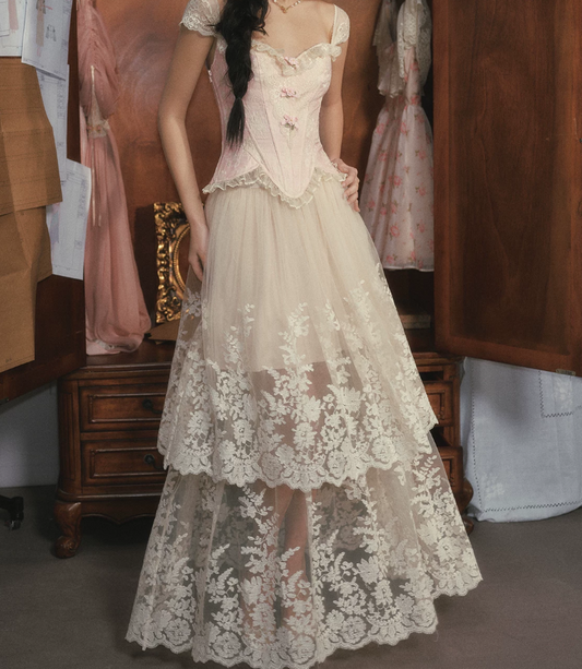Lovely Pink Bodice Lace Prom Dress Floral Tiered A-Line Evening Dress C8555