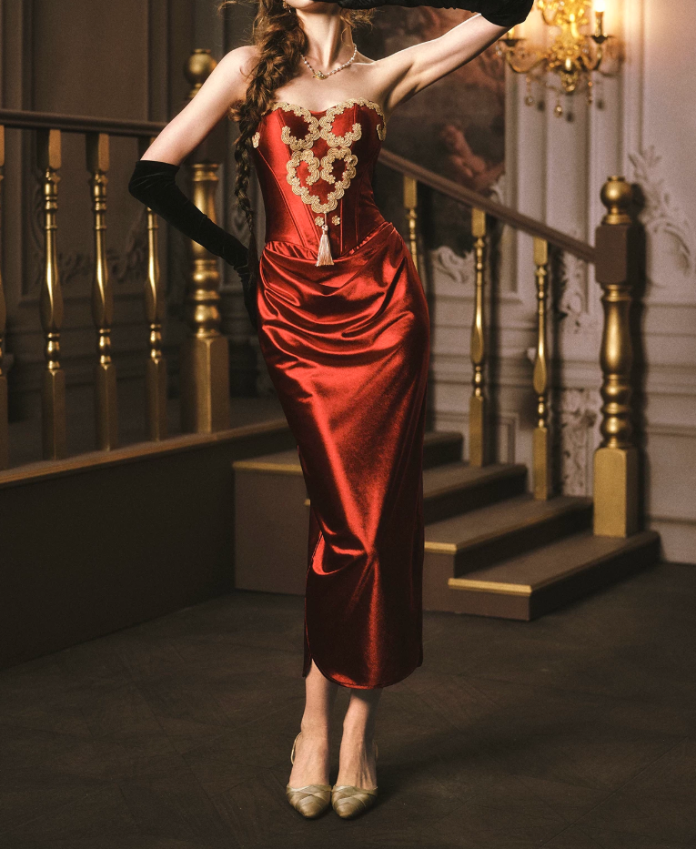 Robe de bal de princesse bustier à volants en satin long, robe de soirée C8117