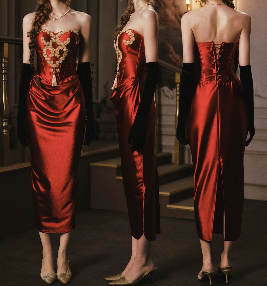 Robe de bal de princesse bustier à volants en satin long, robe de soirée C8117