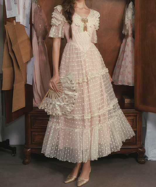 Romantic Short Sleeve Pastel Pink Prom Dress Polka Dots Lace A-Line Evening Dress C8560