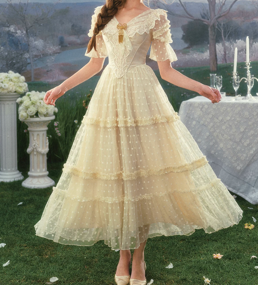 Ornate Short Sleeve Yellow Prom Dress Polka Dots Tulle Lace A-Line Evening Dress C8561