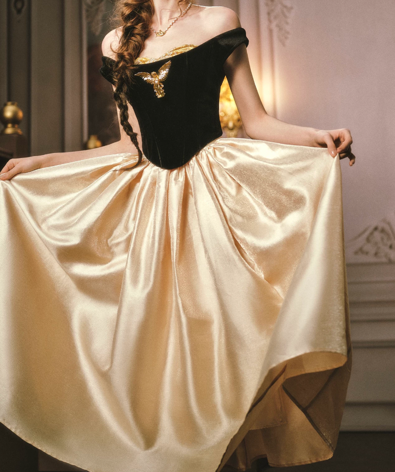 Chic Off-Shoulder Black & Gold Prom Dress Satin A-Line Evening Dress C8562