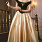 Chic Off-Shoulder Black & Gold Prom Dress Satin A-Line Evening Dress C8562