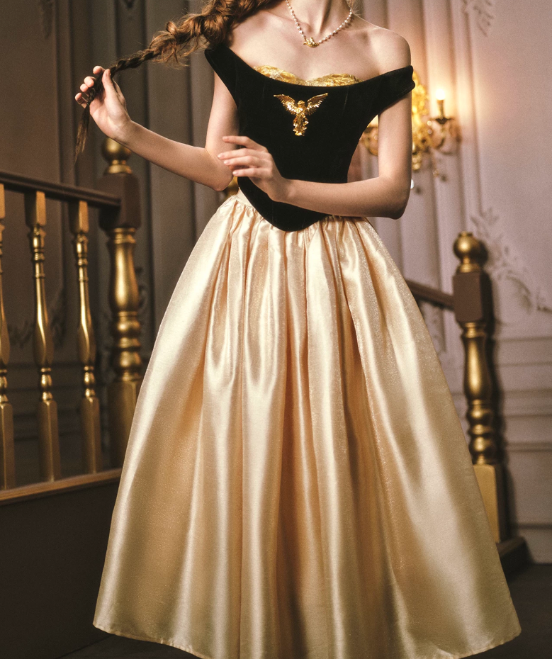 Chic Off-Shoulder Black & Gold Prom Dress Satin A-Line Evening Dress C8562