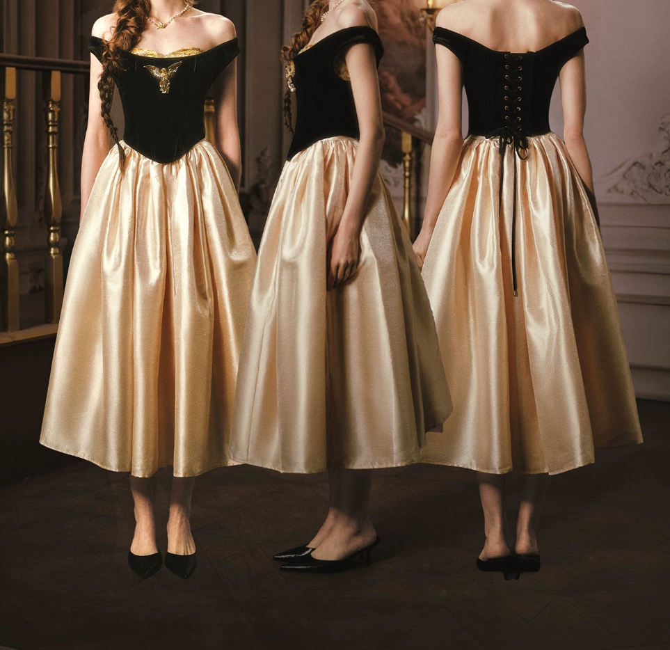 Chic Off-Shoulder Black & Gold Prom Dress Satin A-Line Evening Dress C8562