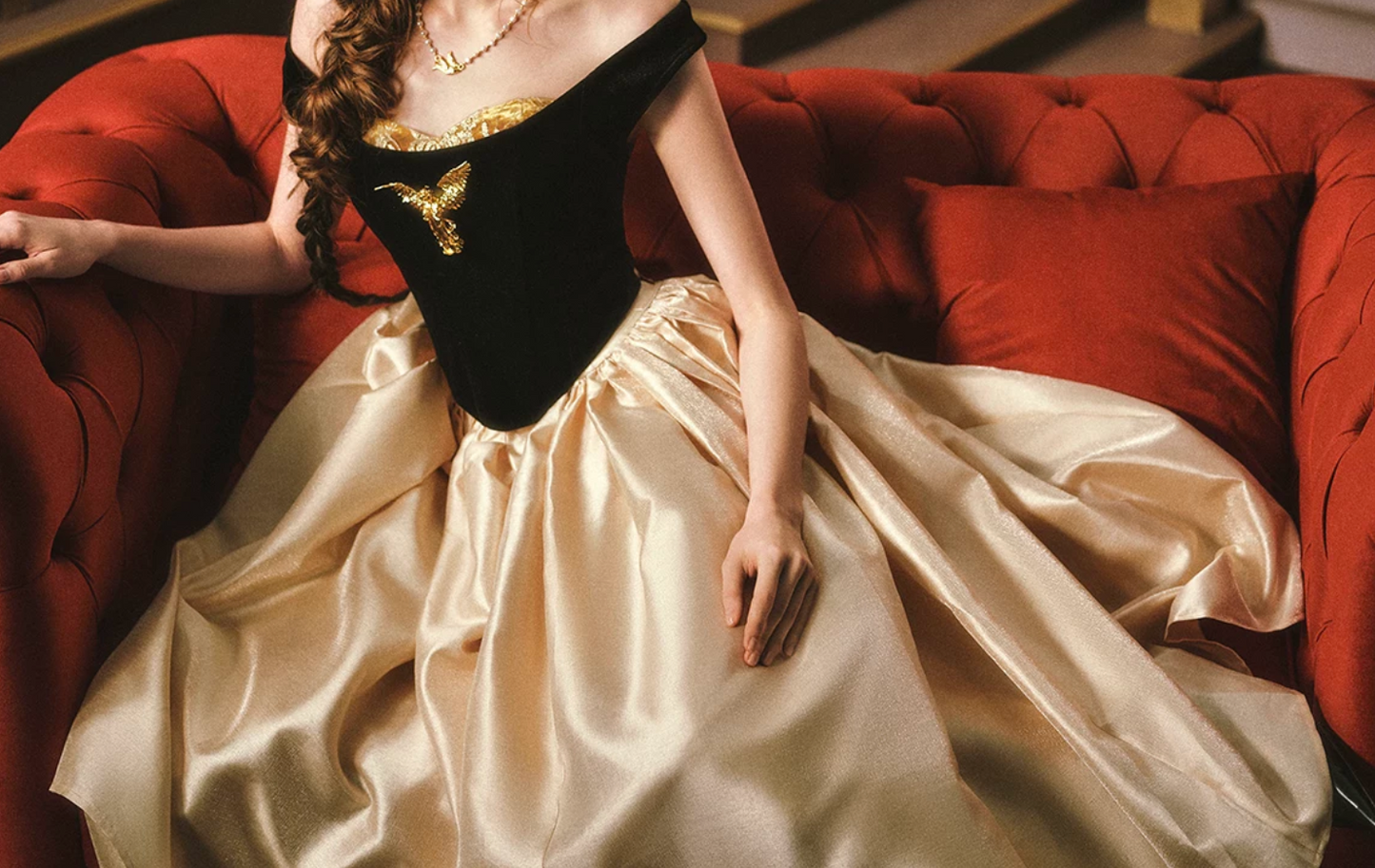 Chic Off-Shoulder Black & Gold Prom Dress Satin A-Line Evening Dress C8562