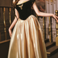 Chic Off-Shoulder Black & Gold Prom Dress Satin A-Line Evening Dress C8562