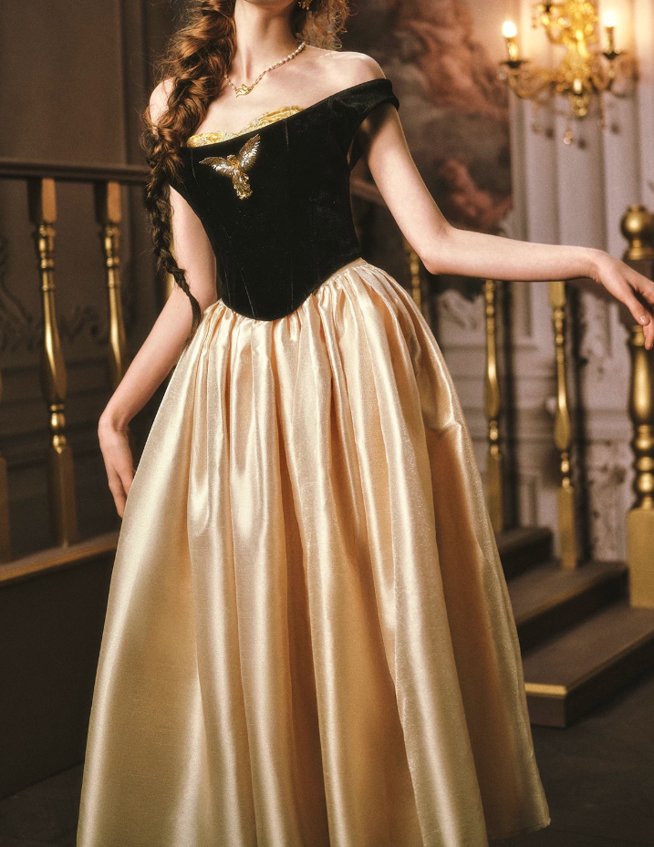 Chic Off-Shoulder Black & Gold Prom Dress Satin A-Line Evening Dress C8562