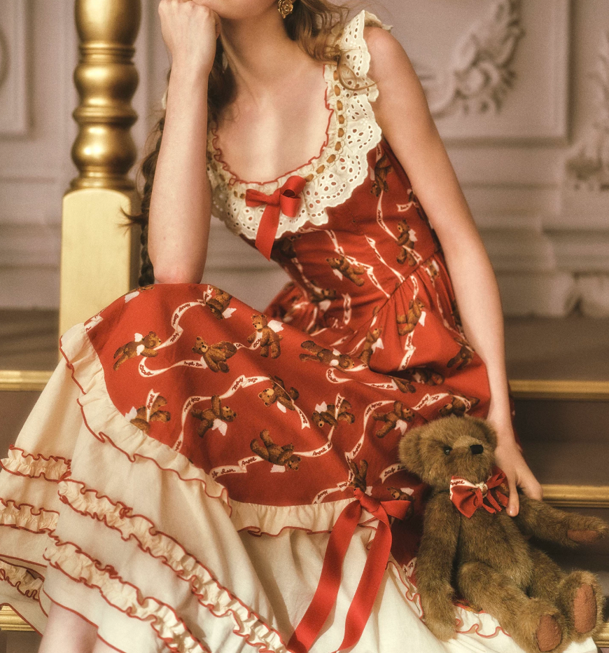 Adorable Square Neck Red Prom Dress Florals Bows A-Line Evening Dress C8564