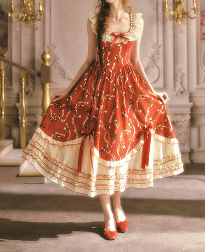 Adorable Square Neck Red Prom Dress Florals Bows A-Line Evening Dress C8564