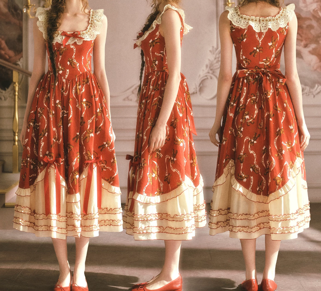 Adorable Square Neck Red Prom Dress Florals Bows A-Line Evening Dress C8564