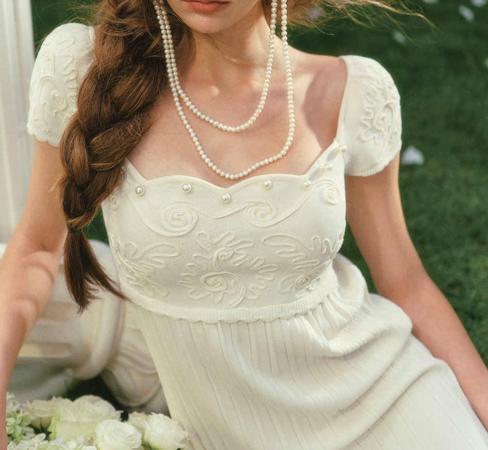 Graceful Short Sleeve White Prom Dress Pearls Pleated Sheath Evening Dress C8573