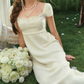 Graceful Short Sleeve White Prom Dress Pearls Pleated Sheath Evening Dress C8573