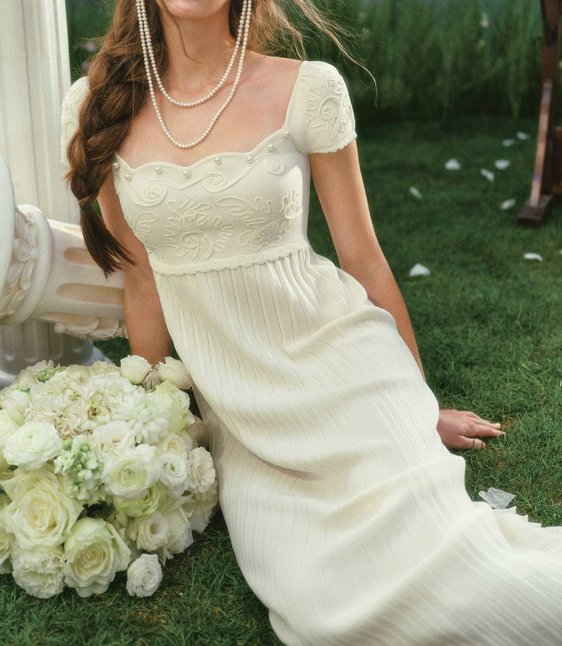 Graceful Short Sleeve White Prom Dress Pearls Pleated Sheath Evening Dress C8573