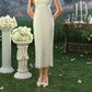 Graceful Short Sleeve White Prom Dress Pearls Pleated Sheath Evening Dress C8573