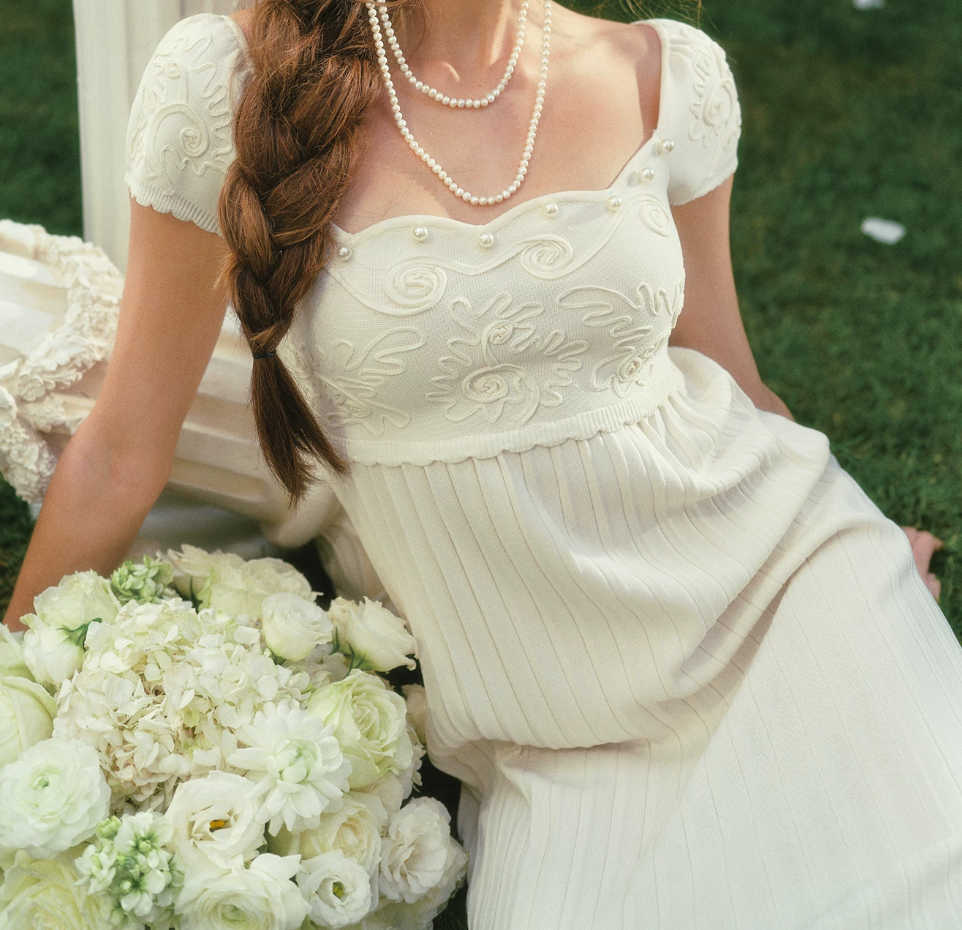 Graceful Short Sleeve White Prom Dress Pearls Pleated Sheath Evening Dress C8573