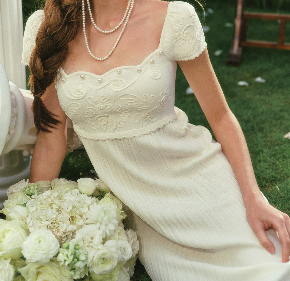 Graceful Short Sleeve White Prom Dress Pearls Pleated Sheath Evening Dress C8573
