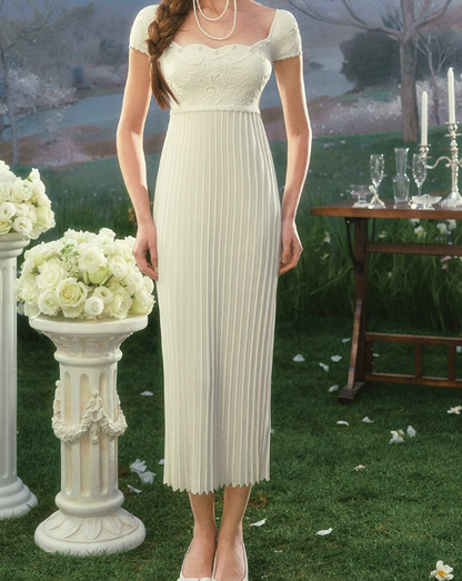 Graceful Short Sleeve White Prom Dress Pearls Pleated Sheath Evening Dress C8573