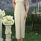 Graceful Short Sleeve White Prom Dress Pearls Pleated Sheath Evening Dress C8573