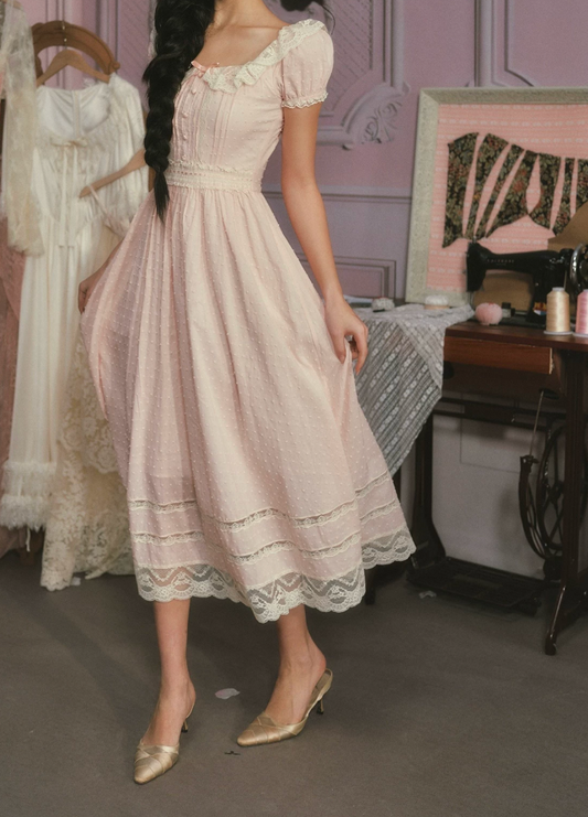 Sweet Short Sleeve Pink Prom Dress  Lace Dots A-Line Evening Dress C8576