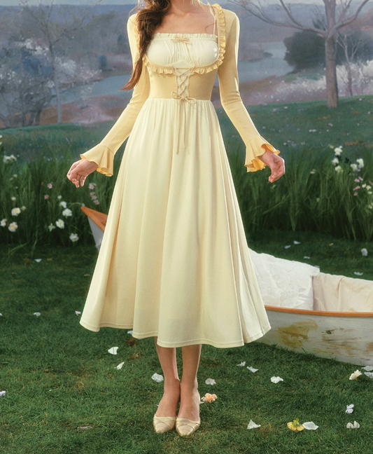 Trendy Long Sleeve Yellow Prom Dress Ruffles Lace-Up A-Line Evening Dress C8577