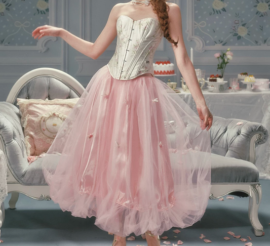 Unique Strapless Bodice Floral Prom Dress Pink Tulle A-Line Evening Dress C8581