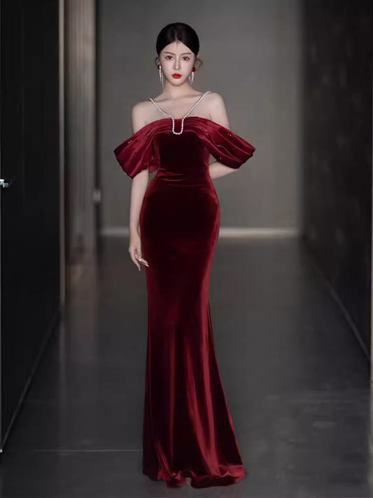 Sexy Mermaid Off The Shoulder Short Sleeves Velvet Burgundy Prom Dress C858