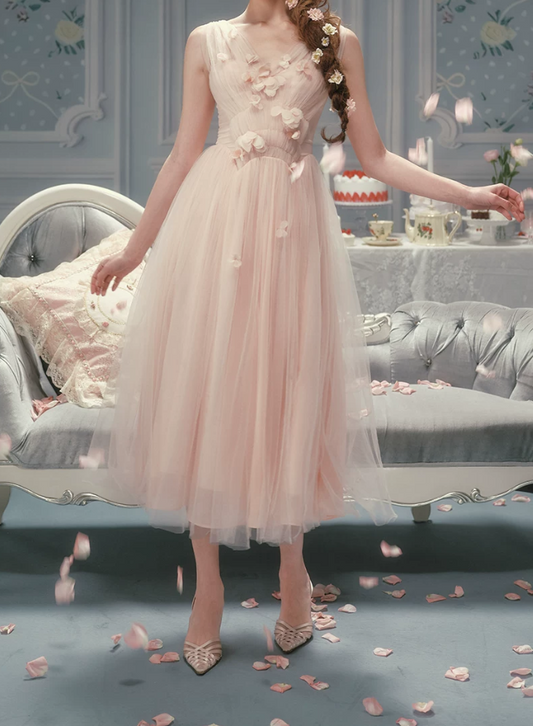 Cute V Neck Pink Prom Dress Appliques Tulle A-Line Evening Dress C8591