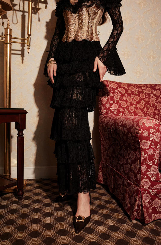 Unique Long Sleeve Black Prom Dress Lace Tiered Sheath Evening Dress C8593