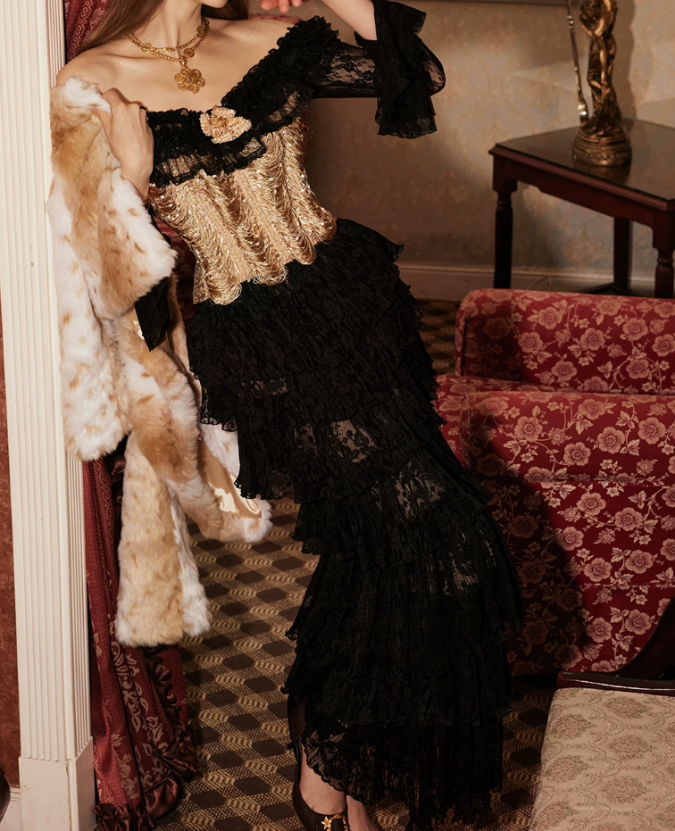 Robe de bal de princesse bustier à volants en satin long, robe de soirée C8117
