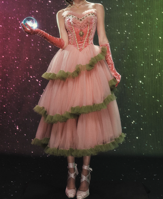 Fascinating Spaghetti Straps Pink Prom Dress Tiered Tulle A-Line Evening Dress C8594
