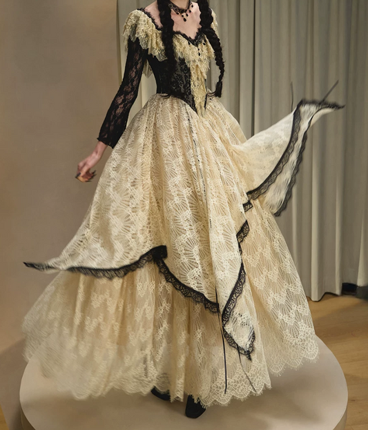 Charming Long Sleeve Black Lace Ivory Prom Dress V Neck A-Line Evening Dress C8598