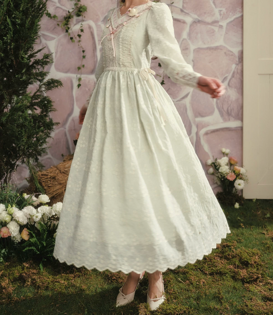 Cottagecore V Neck Pastel Green Prom Dress Long Sleeve A-Line Evening Dress C8599