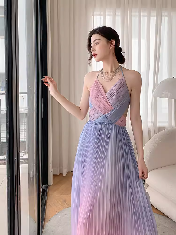 Vintage sirène licou sans manches Ombre rose longues robes de bal C85